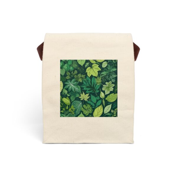 Canvas lunch bag with strap featuring a lush green botanical leaves design