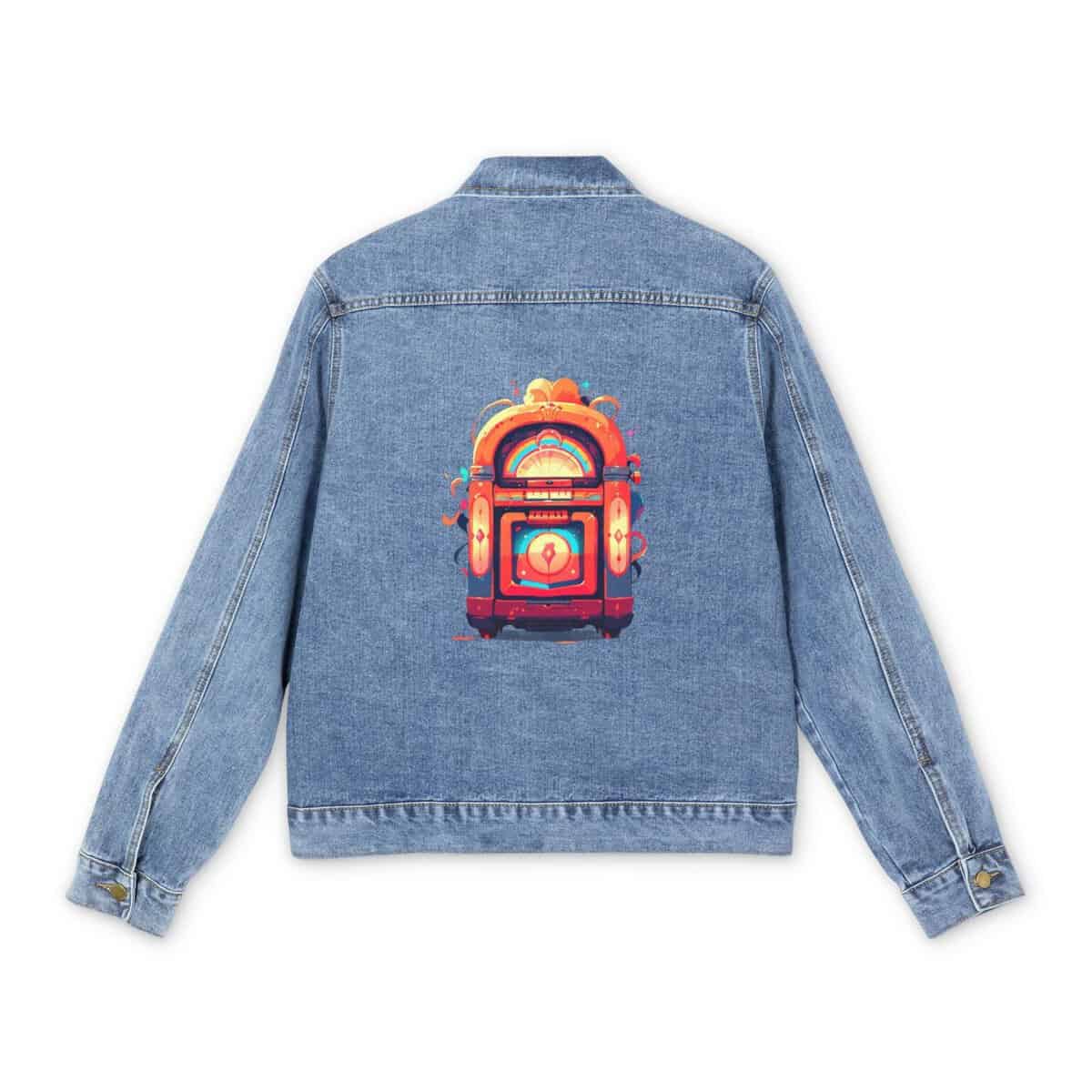 Men's denim jacket with a colorful jukebox graphic design on the back