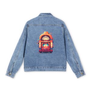 Men's denim jacket with a colorful jukebox graphic design on the back