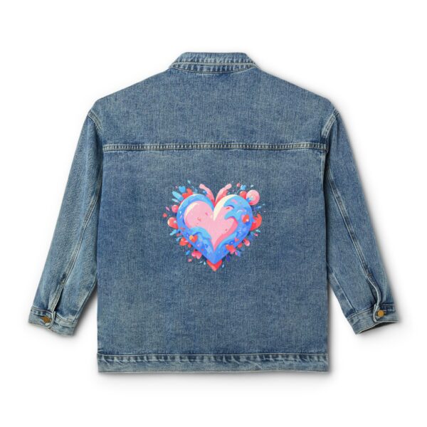 Denim jacket with a vibrant geometric heart design on the back