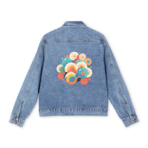 Men's denim jacket with a colorful concentric circles graphic design on the back