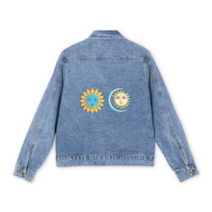 Light blue denim jacket with colorful sun and moon designs side by side on the back