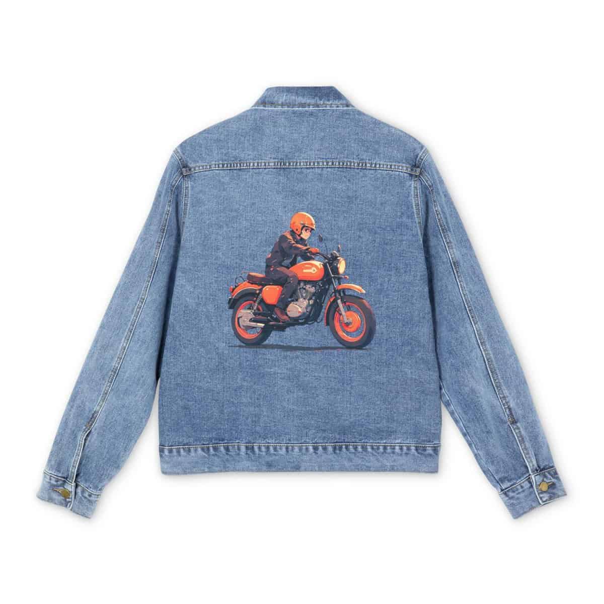 Men's denim jacket with a vibrant motorcycle graphic design on the back