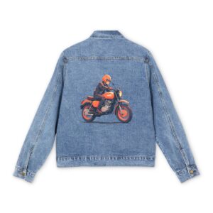 Men's denim jacket with a vibrant motorcycle graphic design on the back