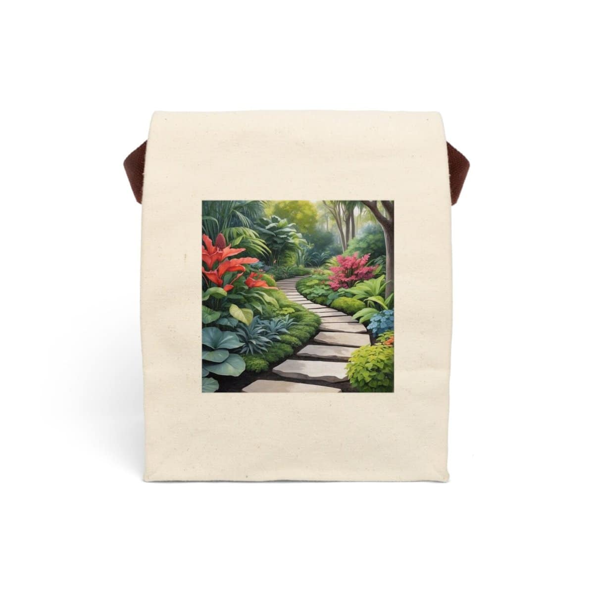 Canvas lunch bag with strap featuring a garden pathway with lush plants design