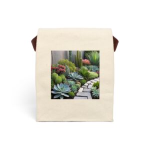 Canvas lunch bag with cactus and succulent garden pathway design.