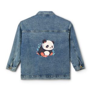 Denim jacket with a colorful panda design on the back