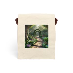 Canvas lunch bag with strap featuring a garden pathway with archway design