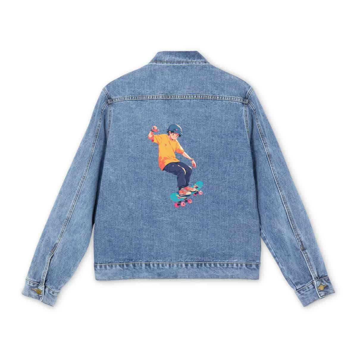 Light blue denim jacket with colorful skateboarder doing a trick design on the back