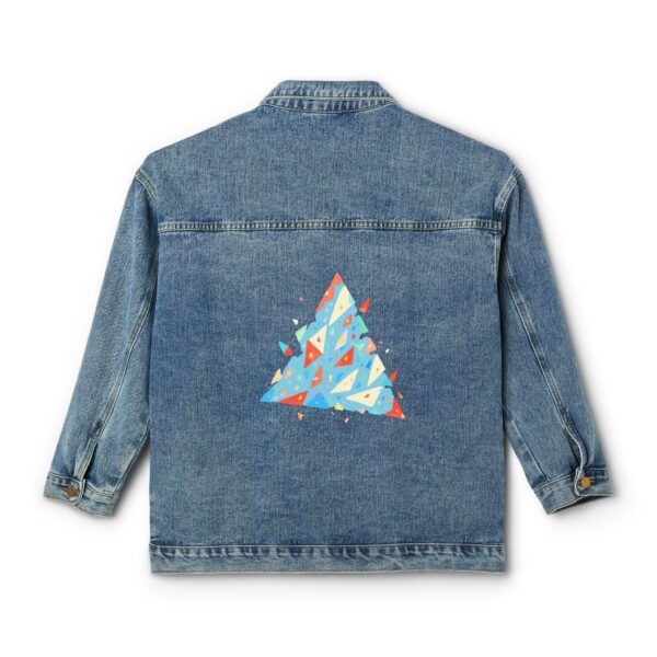 Women's denim jacket with a colorful single triangular mosaic design on the back