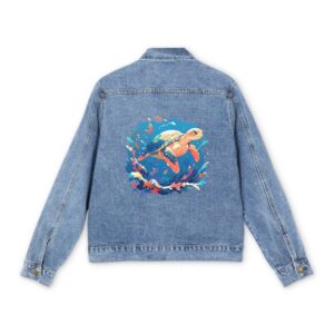 Men's denim jacket with colorful sea turtle design on the back