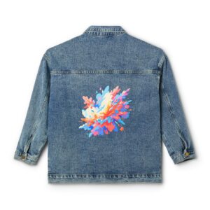 Denim jacket with a colorful kaleidoscopic shapes design on the back