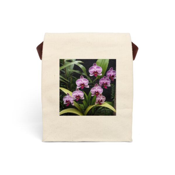 Canvas lunch bag with strap featuring a vibrant purple orchid flower design