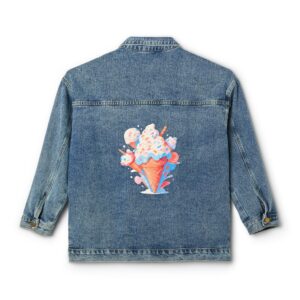 Denim jacket with a colorful pop art ice cream design on the back