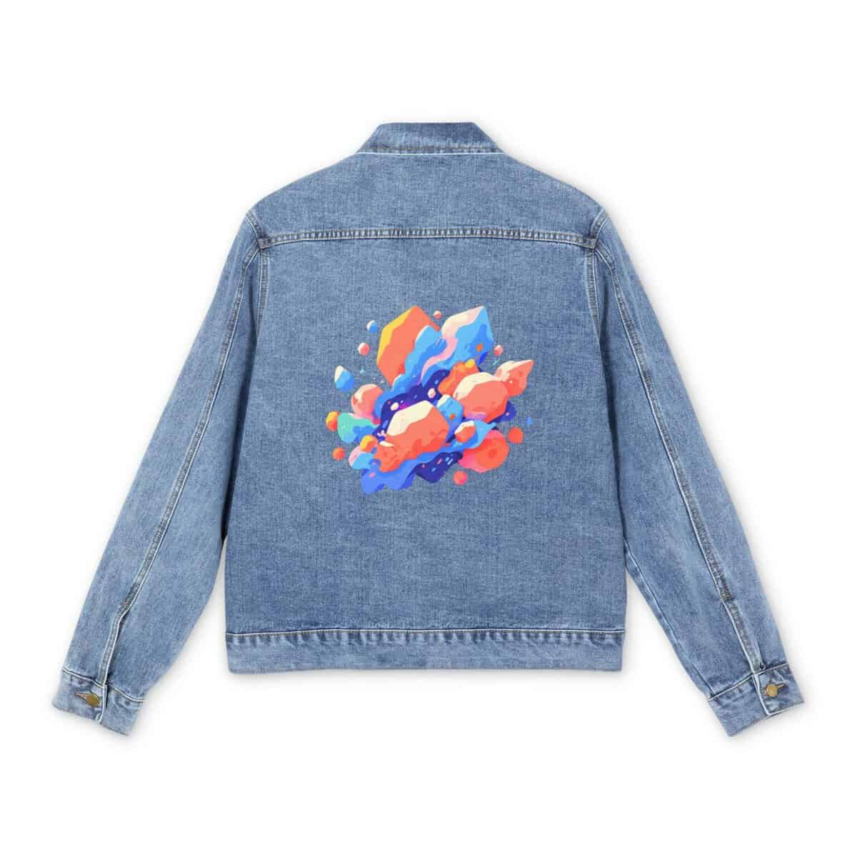 Men's denim jacket with colorful polygonal shapes graphic design on the back