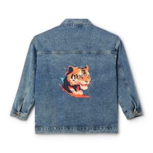 Denim jacket with a colorful tiger design on the back