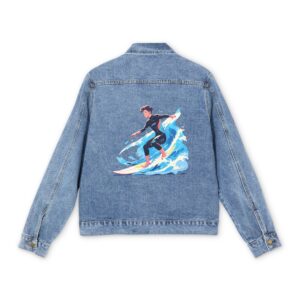 Light blue denim jacket with colorful surfer design on the back