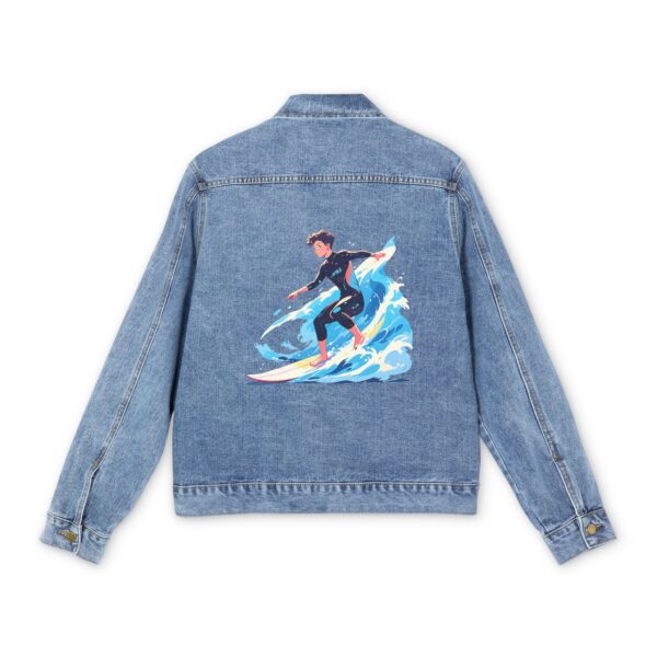 Light blue denim jacket with colorful surfer design on the back