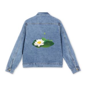 Light blue denim jacket with a white lotus flower design on the back