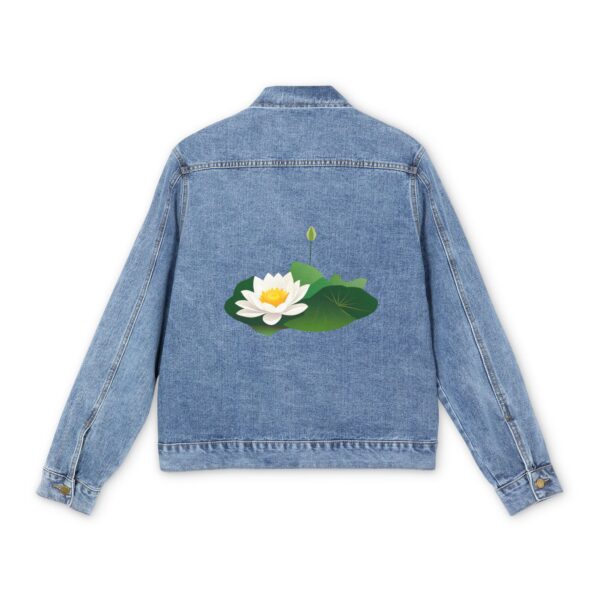 Light blue denim jacket with a white lotus flower design on the back