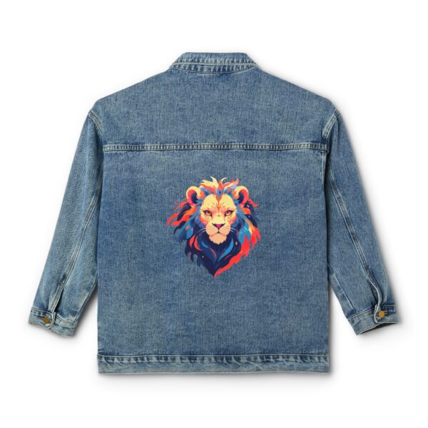 Denim jacket with a colorful lion design on the back