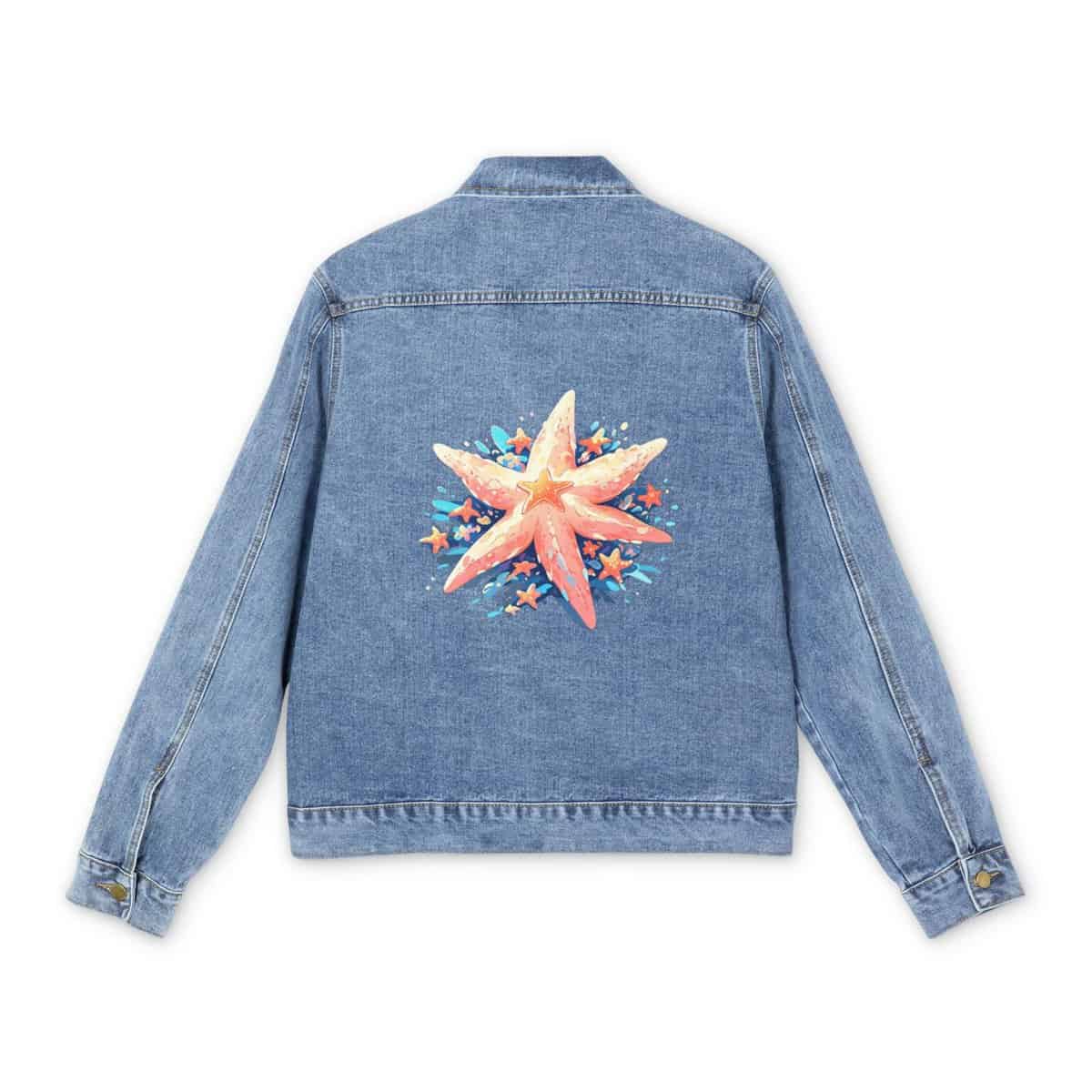 Men's denim jacket with colorful starfish design on the back