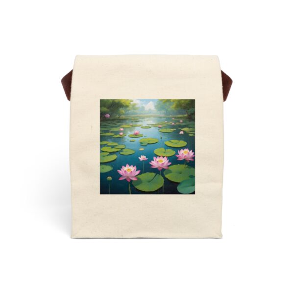 Canvas lunch bag with strap featuring a peaceful water lily pond design