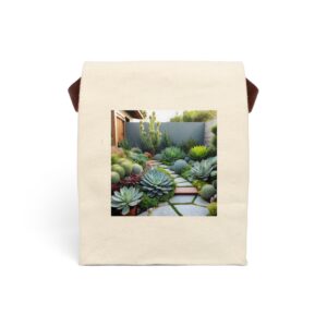 Canvas lunch bag with a desert-inspired cactus and succulent garden design.