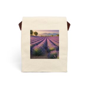 Canvas lunch bag with strap featuring a lavender field at sunset design