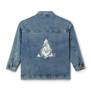 Back view of women's denim jacket with colorful triangular mosaic design