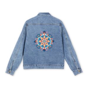 Men's denim jacket with a vibrant floral mandala design on the back