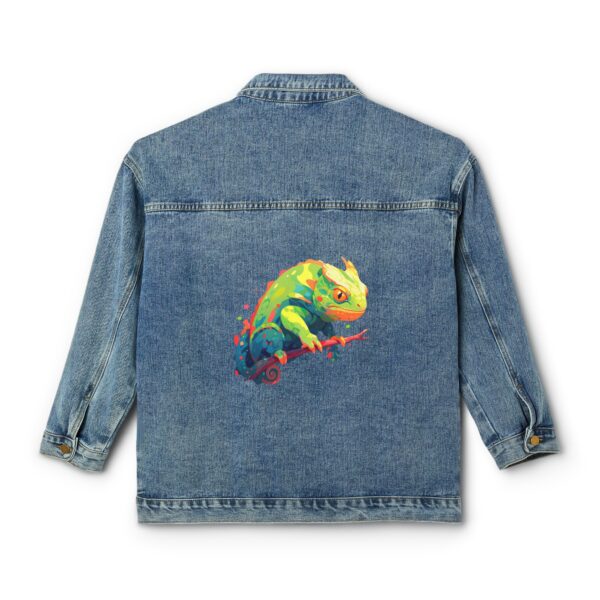 Denim jacket with a colorful chameleon design on the back