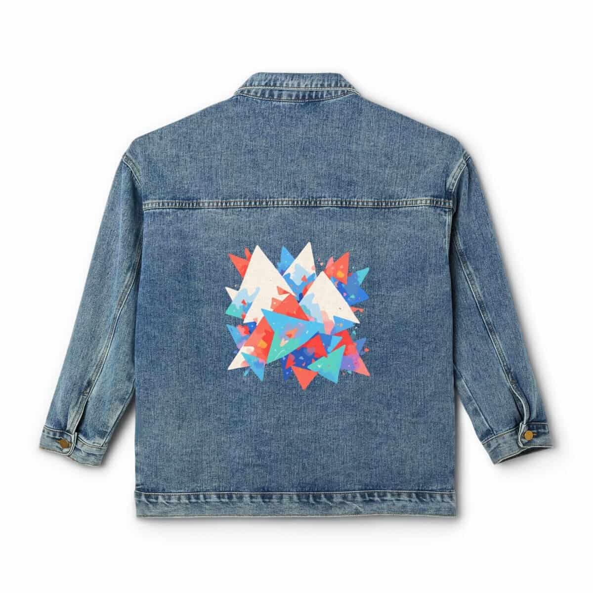 Women's Denim Jacket with colorful interlocking triangles design on the back