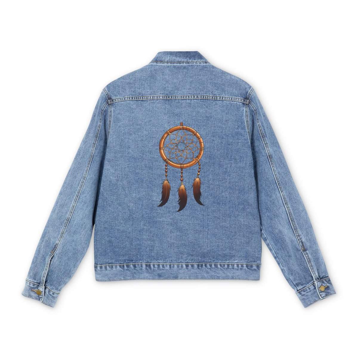 Men's denim jacket with a dreamcatcher design on the back