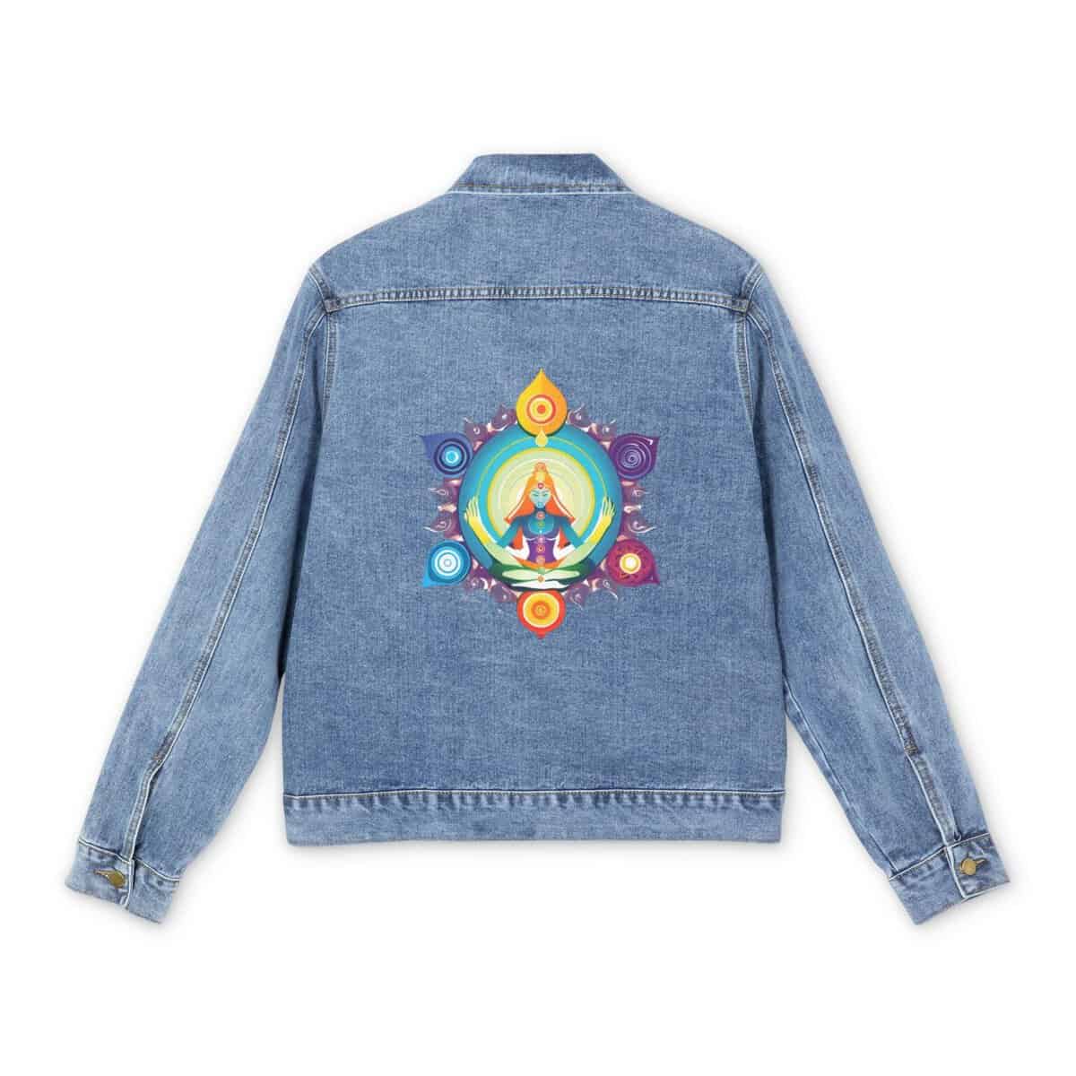 Light blue denim jacket with colorful chakra design on the back