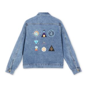 Men's denim jacket with various colorful alchemical symbols on the back