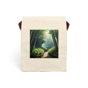 Canvas lunch bag with strap featuring a serene bamboo forest path design