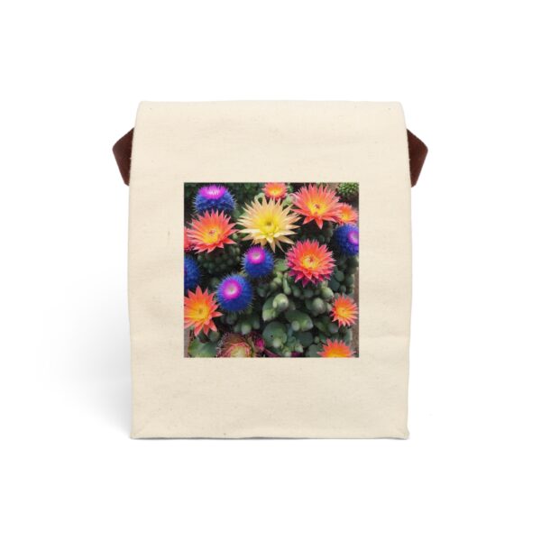 Canvas lunch bag with strap featuring colorful blooming cacti with vibrant flowers