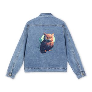 Men's denim jacket with a colorful owl graphic design on the back