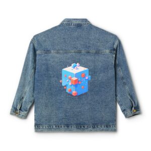 Back view of women's denim jacket with 3D cube illusion design