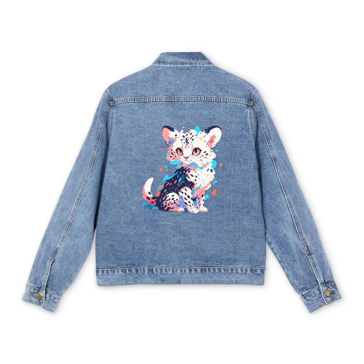 Men's denim jacket with a colorful cheetah cub graphic design on the back