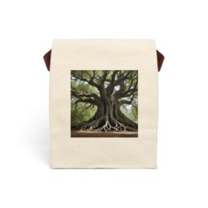 Canvas lunch bag with strap featuring a majestic tree with intricate exposed roots design