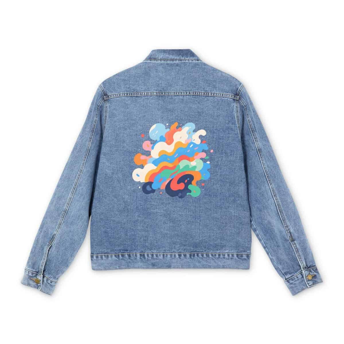 Men's denim jacket with colorful minimalist line art graphic design on the back