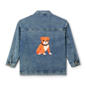 Denim jacket with a colorful boxer dog design on the back