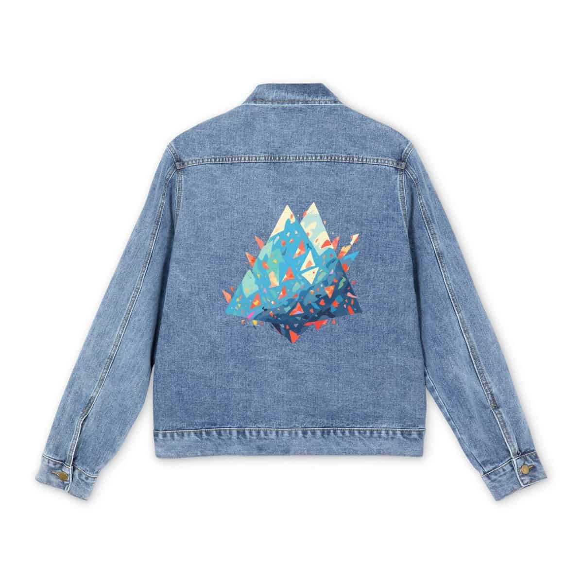 Men's denim jacket with a colorful triangular mosaic graphic design on the back