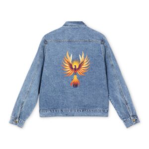 Light blue denim jacket with a colorful phoenix in flight design on the back