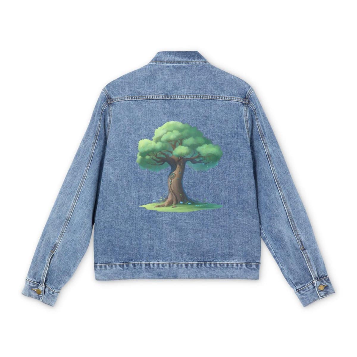 Light blue denim jacket with an enchanted tree design on the back