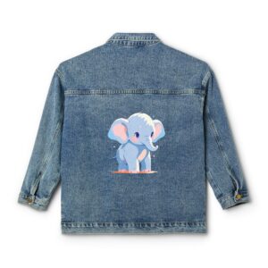 Denim jacket with a colorful baby elephant design on the back