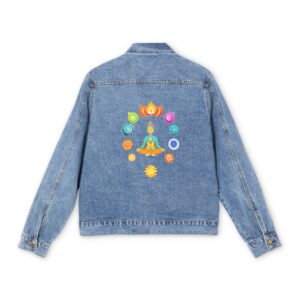 Light blue denim jacket with colorful chakra meditation design on the back