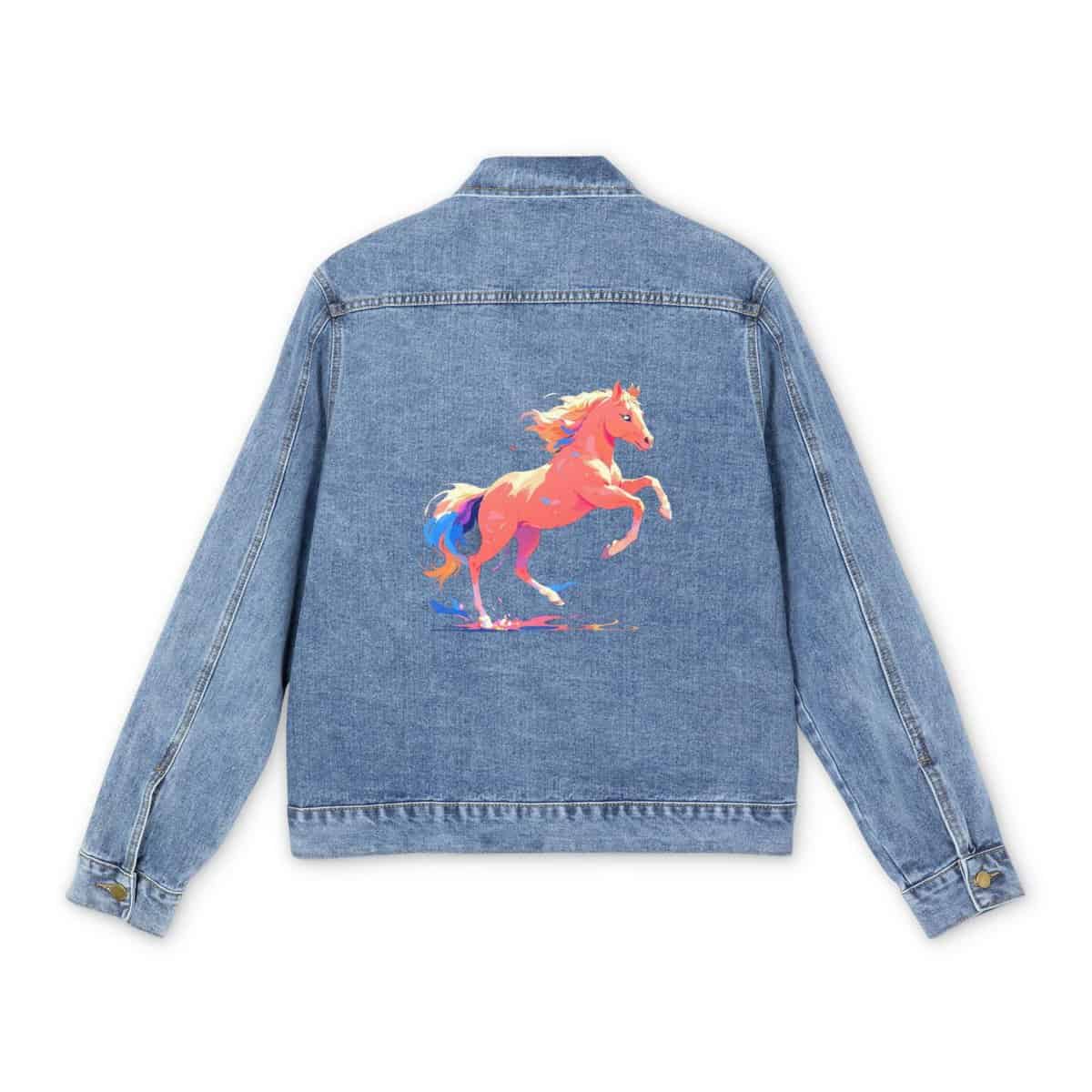 Men's denim jacket with a colorful horse graphic design on the back